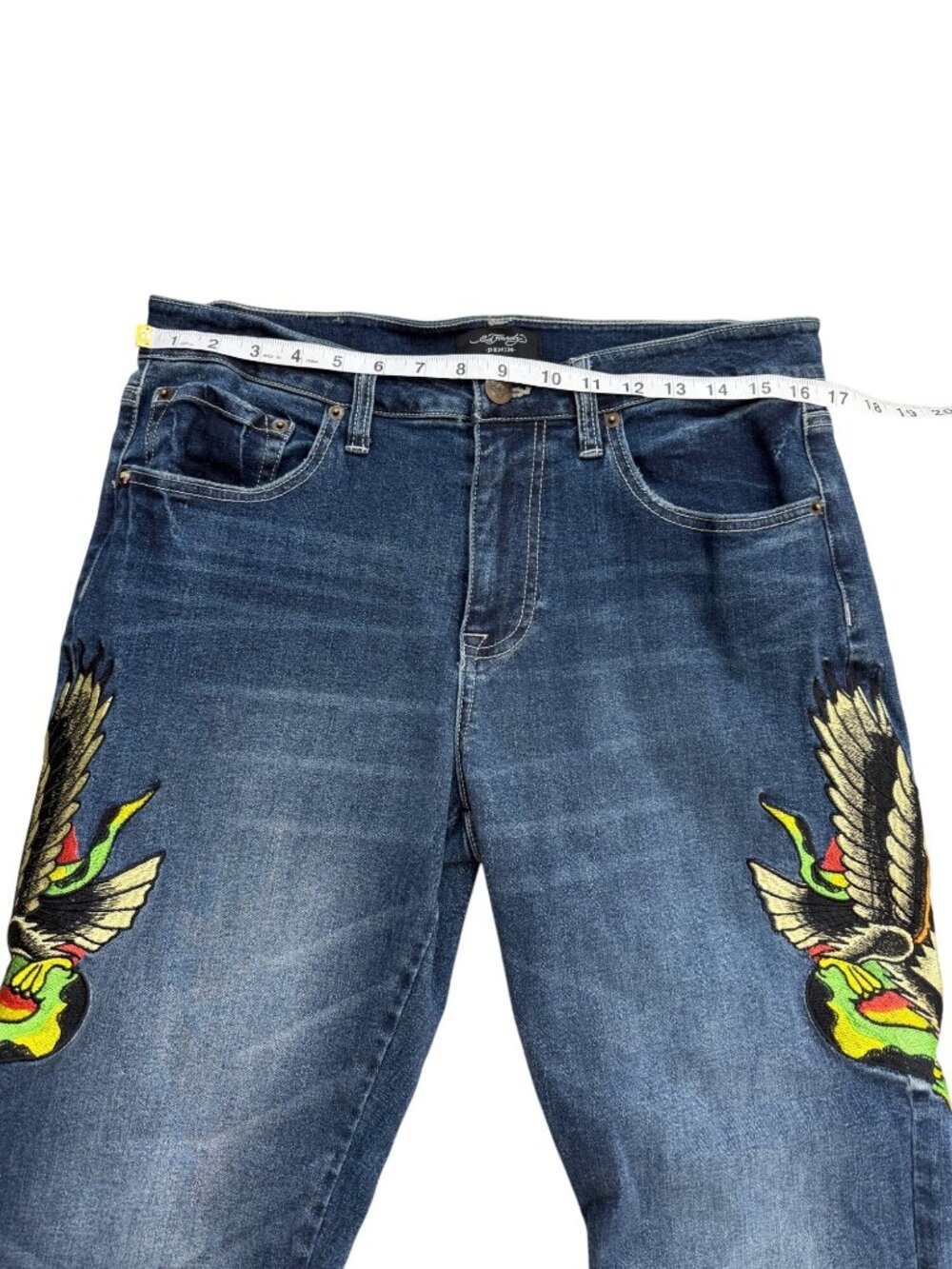 Ed Hardy Mens 32x32 Jeans Eagle Snake Slim Straight Denim Embroidered Y2K Blue - Picture 6 of 8